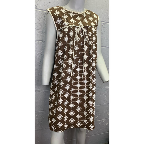 Vtg 70s Milly of New York Brown White Geometric Mini Dress Keyhole Back Bow SM - Picture 3 of 10